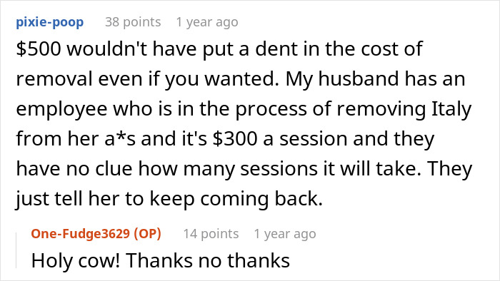 Screenshot of a comment thread discussing $500 not covering tattoo removal costs.