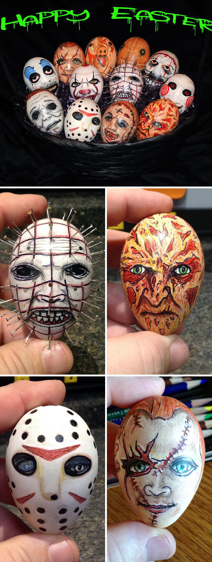 My Horror-Themed Easter Egg Collection. Each Egg Was Down With Colored Pencils, Markers, And Paint. Each Year My Collection Grows