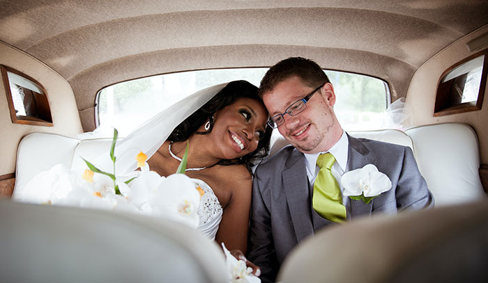 Bride and groom in the car