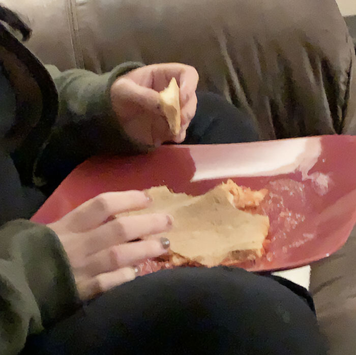 Thought You Guys Would Enjoy This. My GF Eats Pizza Upside Down. Picks The Crust Apart Then Eats The Sauce/Cheese Off The Plate