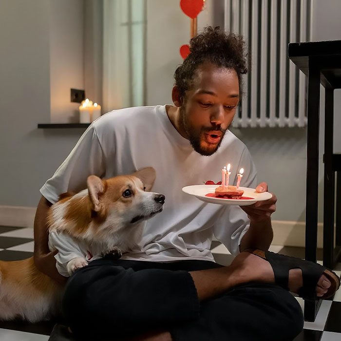 Brown dog with owner celebrates his birthday