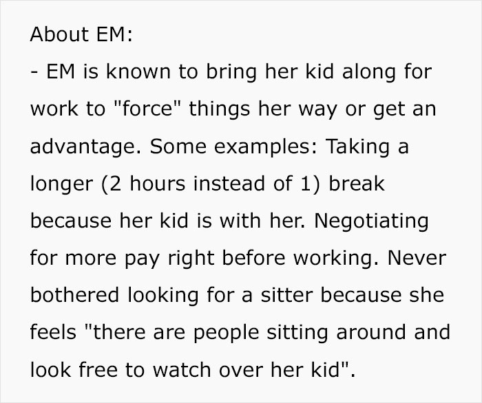 Entitled Mom Brings Her Kid To Work And Expects Coworkers To Take Care Of Her, Causes A Scene When One Of Them Maliciously Complies Entitled Mom Brings Her Kid To Work And Expects Coworkers To Take Care Of Her, Causes A Scene When One Of Them Maliciously Complies