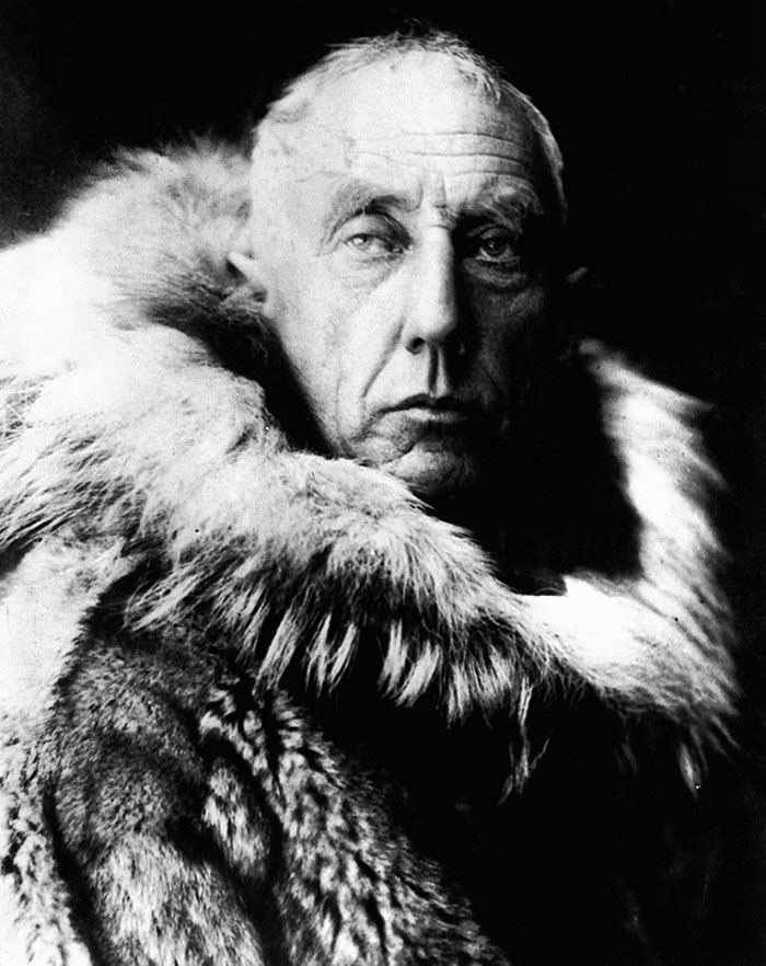 black and white Amundsen in fur skins portrait