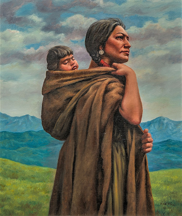 colorful Sacagawea with baby portrait