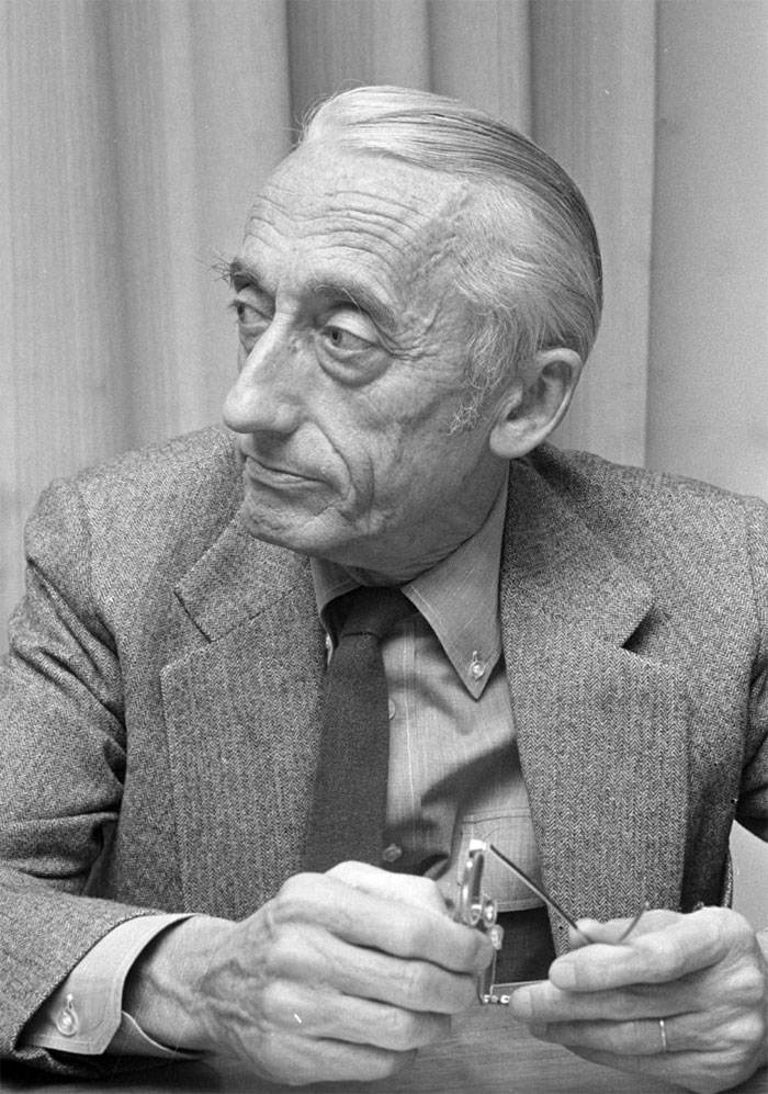 black and white Jacques Cousteau portrait