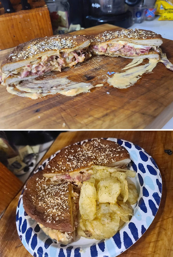 Pastrami Melt But I Forgot To Get Rolls So Made Some Pretzel-Style Flatbread With Leftover Pizza Dough