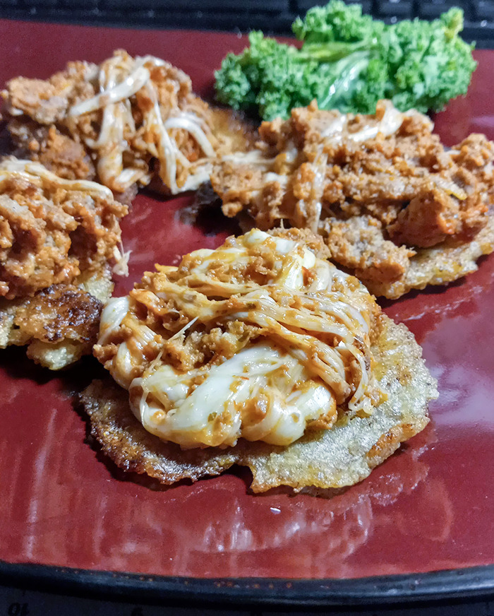 Leftover Meatballs Chopped & Fused With Mozzarella And Fresh Fried Plantain Pancakes