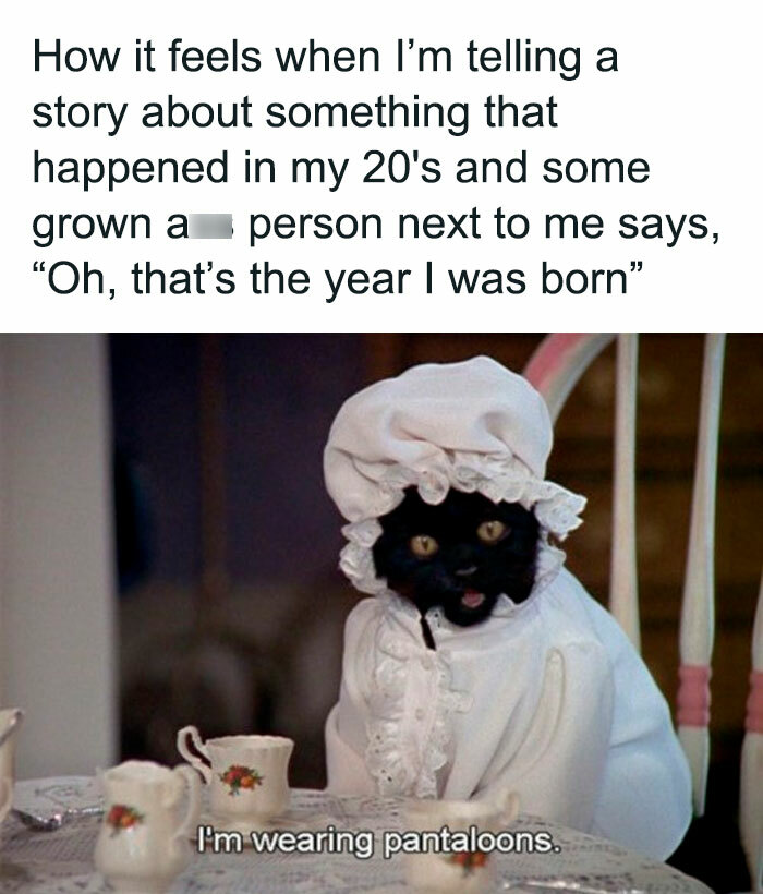 A funny meme with a black cat in old-fashioned clothes, symbolizing feeling old.