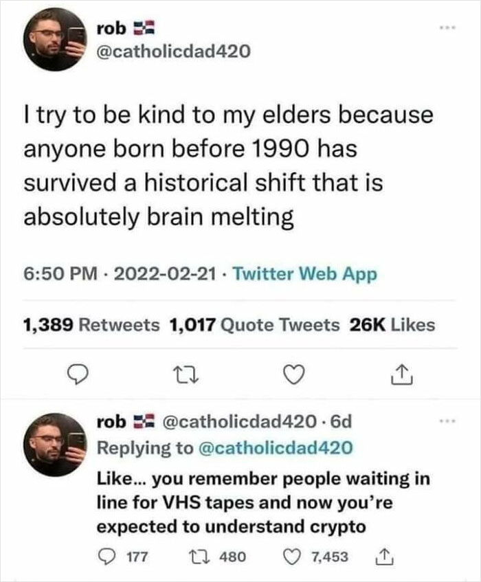 Funny post highlighting generational shift, mentioning VHS tapes and crypto, appealing to older generations.