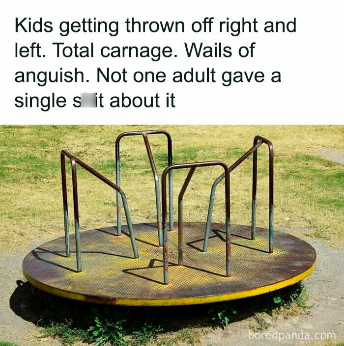 Old playground merry-go-round with humorous text about childhood chaos.