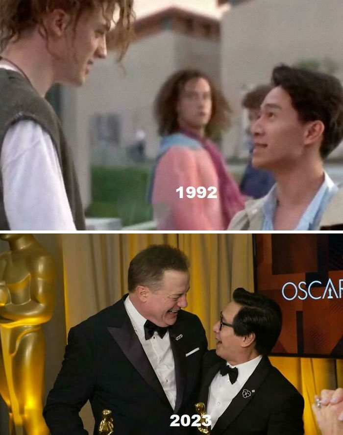 Two memorable moments: a 1992 movie scene and a 2023 Oscars celebration, highlighting generational humor.