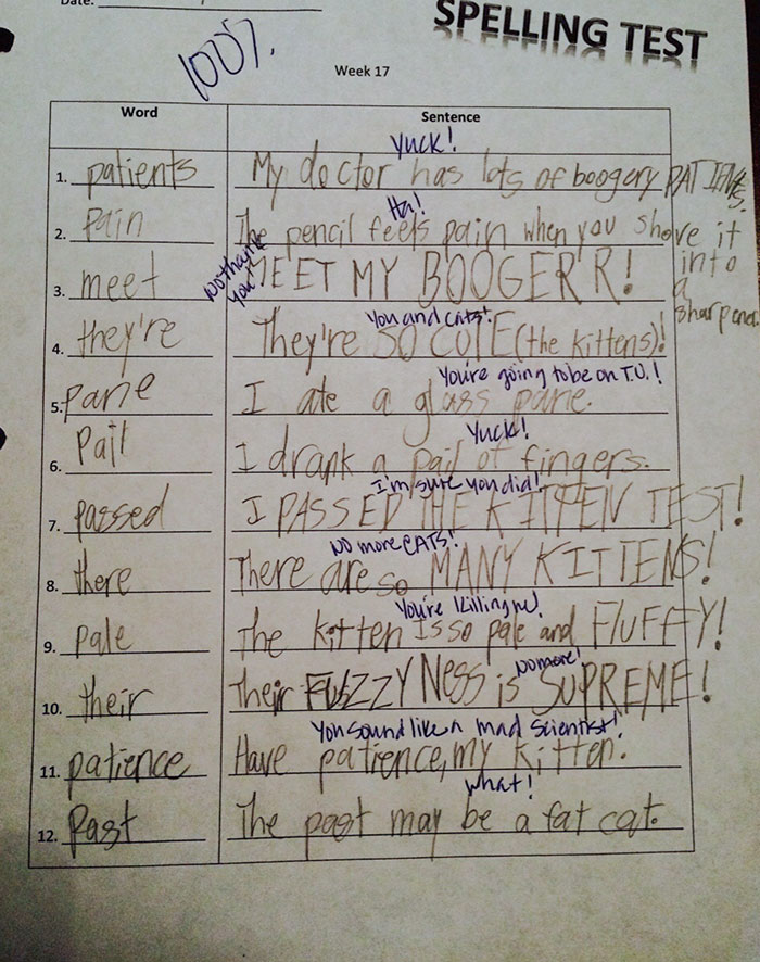 My Kid's Teacher Is Apparently Okay With His Wild Answers On Spelling Tests