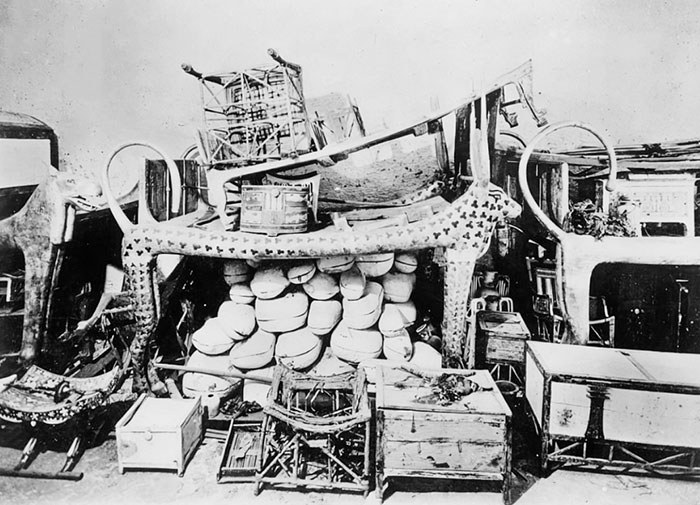 A Ceremonial Bed In The Shape Of The Celestial Cow, Surrounded By Provisions And Other Objects In The Antechamber Of The Tomb