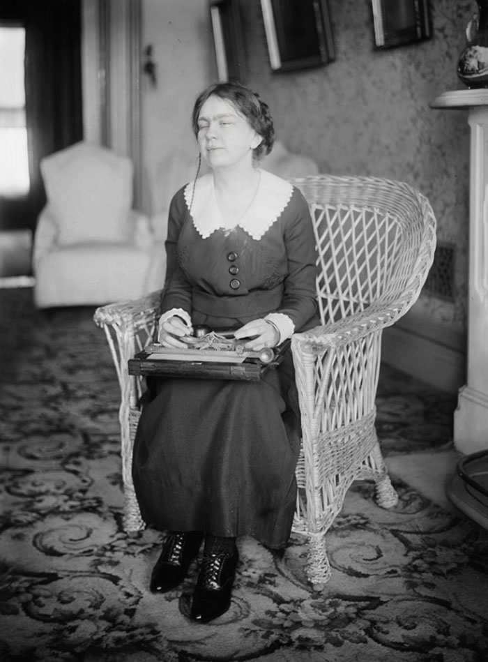Helen F. Day, A Blind Woman, Who Published Searchlight, A Publication For Blind Children. She Is Probably Holding A Device For Printing In Braille