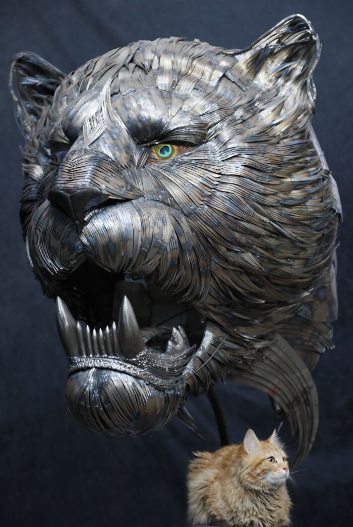 I Made Jaguar, Saber-Tooth Tiger And Lion Sculpture With Hammered Steel (11 Pics)