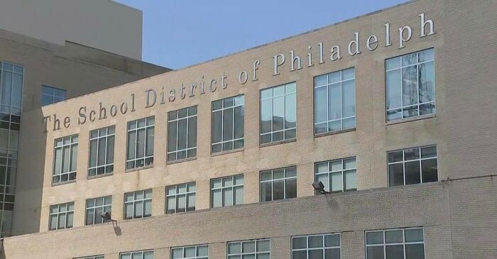 I Just Saw This Posted In A News Article - Better Kerning Might Have Left Space For The Whole Word To Fit. Image Of A School With "The School District Of Philadelph" In Shiny Block Letters