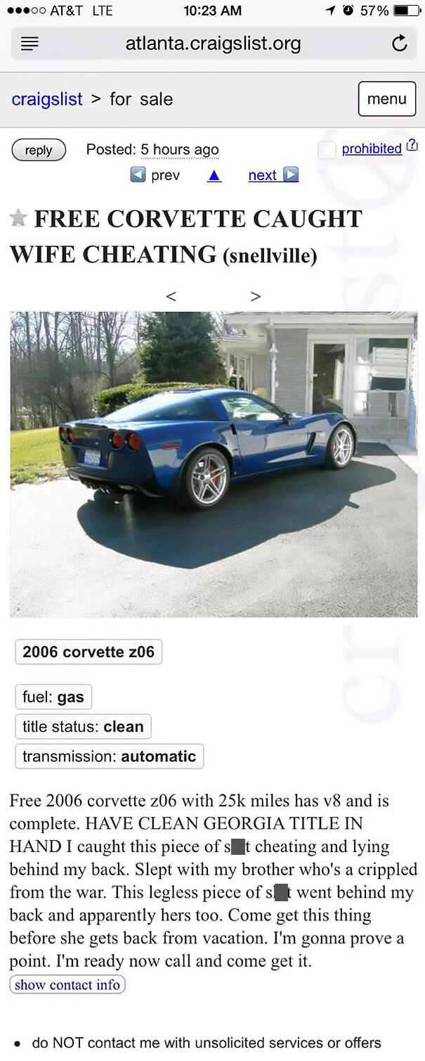 Caught Wife Cheating, Free Corvette!
