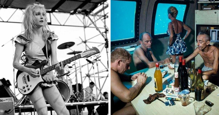 Iconic historical photos showing a female guitarist performing live and men socializing inside a submarine.