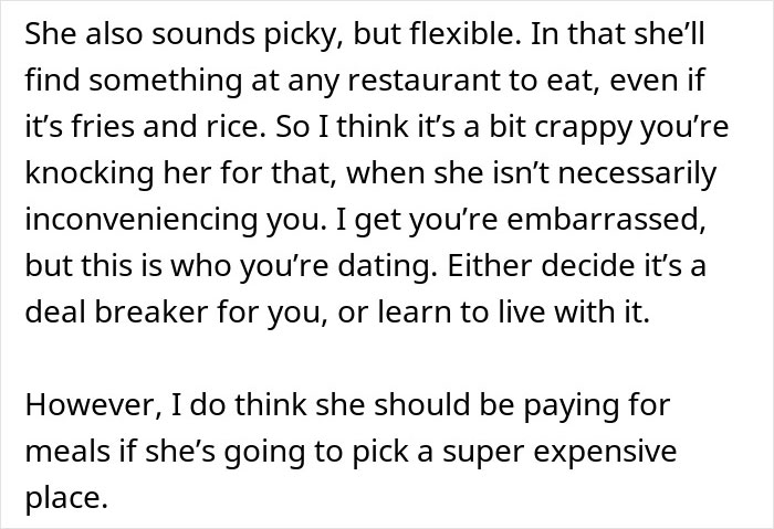 "Am I A Jerk For Refusing To Take My Girlfriend To Nice Places Because She Eats Like A Kid?" "Am I A Jerk For Refusing To Take My Girlfriend To Nice Places Because She Eats Like A Kid?"