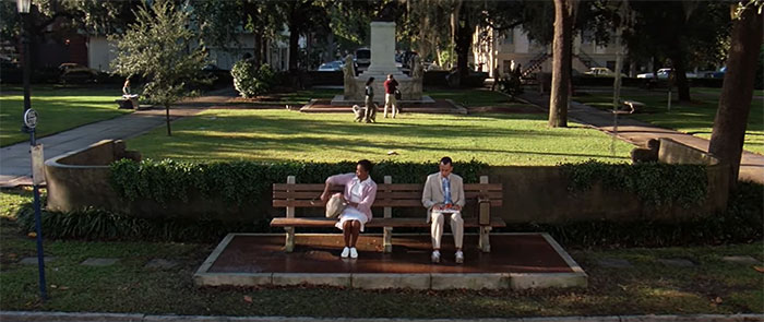 Forest Gump sitting on a bench