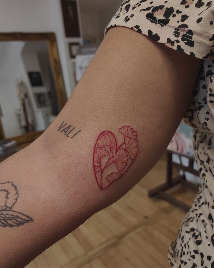 Red Ink Heart And Leaves Tattoo