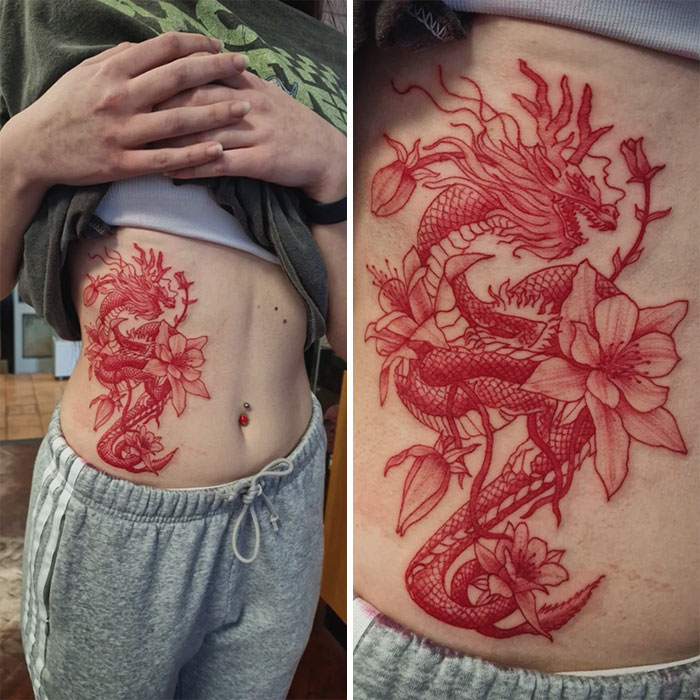 Dragon and flower tattoo