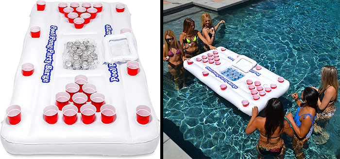 People playing beer pong on the floating table 