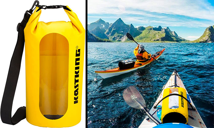 Man kayaking carrying waterproof bag 