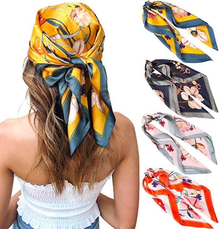 Woman wearing satin head scarve 