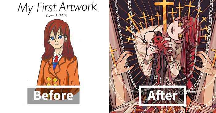 Twitter Artists Reveal Their First And Their Most Recent Artworks To Compare Their Art Improvement Over The Years (30 Pics)