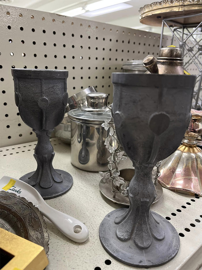Personal Favourite Find Of The Year!! Found Just Today At Salvation Army. These Are Cast Metal Goblets Apparently From Medieval Times From The Early 1980s. Better Known Now As The Goblets That Were Used As The Props For “The Battle Of Wits” In The Movie The Princess Bride. These Are Super Rare! Now All I Need To Find Is A Vial Of Iocane Powder