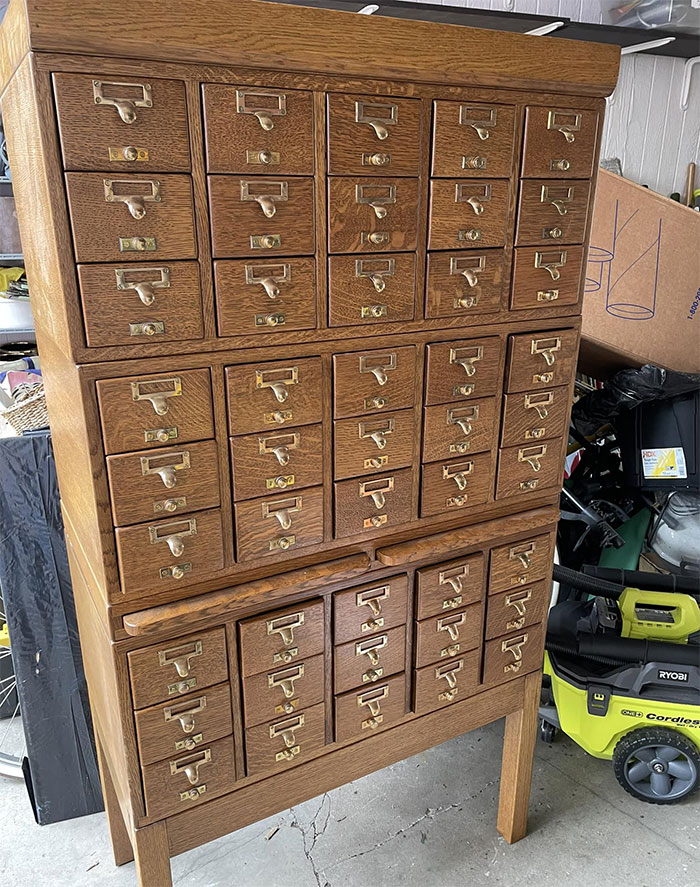Not Weird But Totally Wonderful. Estate Sale Find. Barely Got It Home In My Hatchback. I Love Card Catalogs. I Have Never Found One In Such Good Shape, With All The Pieces. I Play With Art Glass So This Is Going To Hold Tools And Specific Supplies. If You Have One What Do You Store In It?