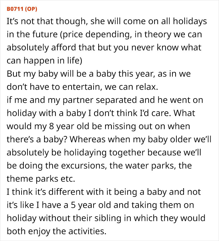 Woman Wonders If She's Wrong For Not Wanting To Take Husband's 8-Year-Old On Holiday While Taking Their Baby Son Woman Wonders If She's Wrong For Not Wanting To Take Husband's 8-Year-Old On Holiday While Taking Their Baby Son