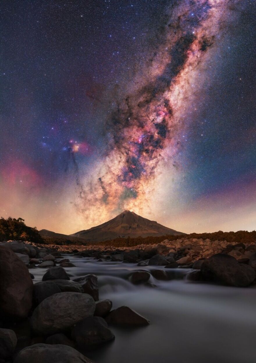 “Milky Way Rising Over Stony River & Mt Taranaki” – Brendan Larsen