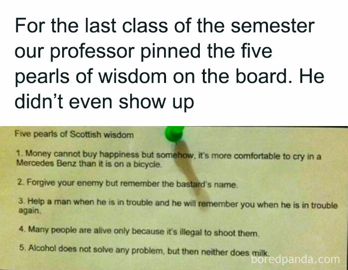 University life meme: professor shares humorous pearls of wisdom on board, highlighting student experiences with humor.