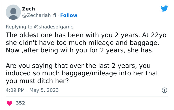 “Too Much Mileage And Baggage When They’re Older”: 40-Year-Old’s Viral Tweet Urging People To Date Women Under 24 Backfires “Too Much Mileage And Baggage When They’re Older”: 40-Year-Old’s Viral Tweet Urging People To Date Women Under 24 Backfires
