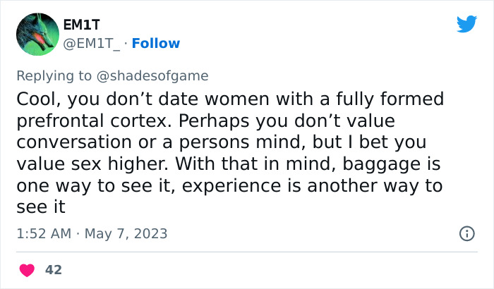 “Too Much Mileage And Baggage When They’re Older”: 40-Year-Old’s Viral Tweet Urging People To Date Women Under 24 Backfires “Too Much Mileage And Baggage When They’re Older”: 40-Year-Old’s Viral Tweet Urging People To Date Women Under 24 Backfires