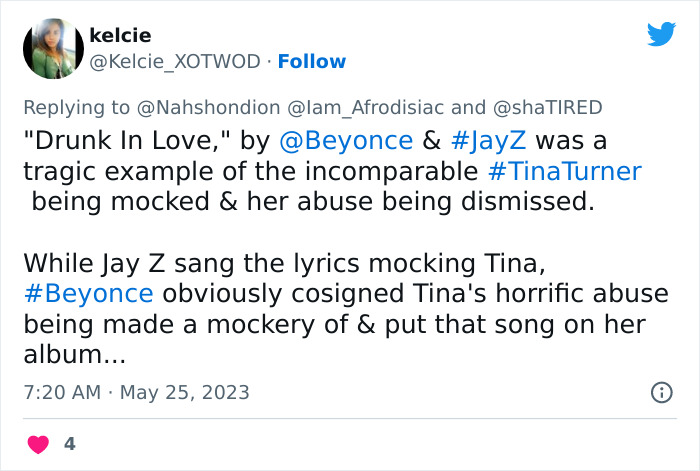 Tina Turner Fans Are Mad About Beyoncé and Jay-Z Making ‘Mockery’ Of Late Singer’s Abuse Tina Turner Fans Are Mad About Beyoncé and Jay-Z Making ‘Mockery’ Of Late Singer’s Abuse