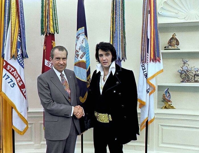 37th President Of The United States, Richard Nixon, And World Famous Singer, Elvis Presley, Meeting And Shaking Hands In The Oval Office In The White House In Washington, D.c. On 21 October 1970