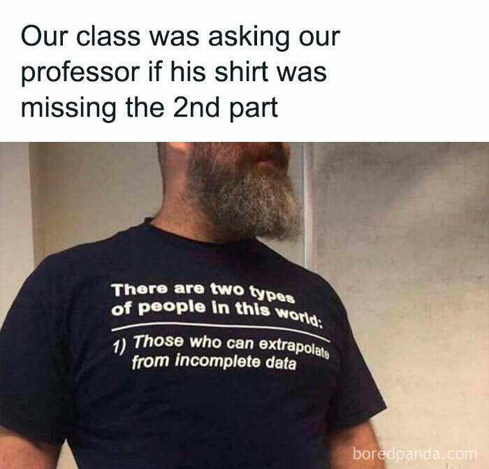 Bearded professor wearing a humorous university student meme shirt.