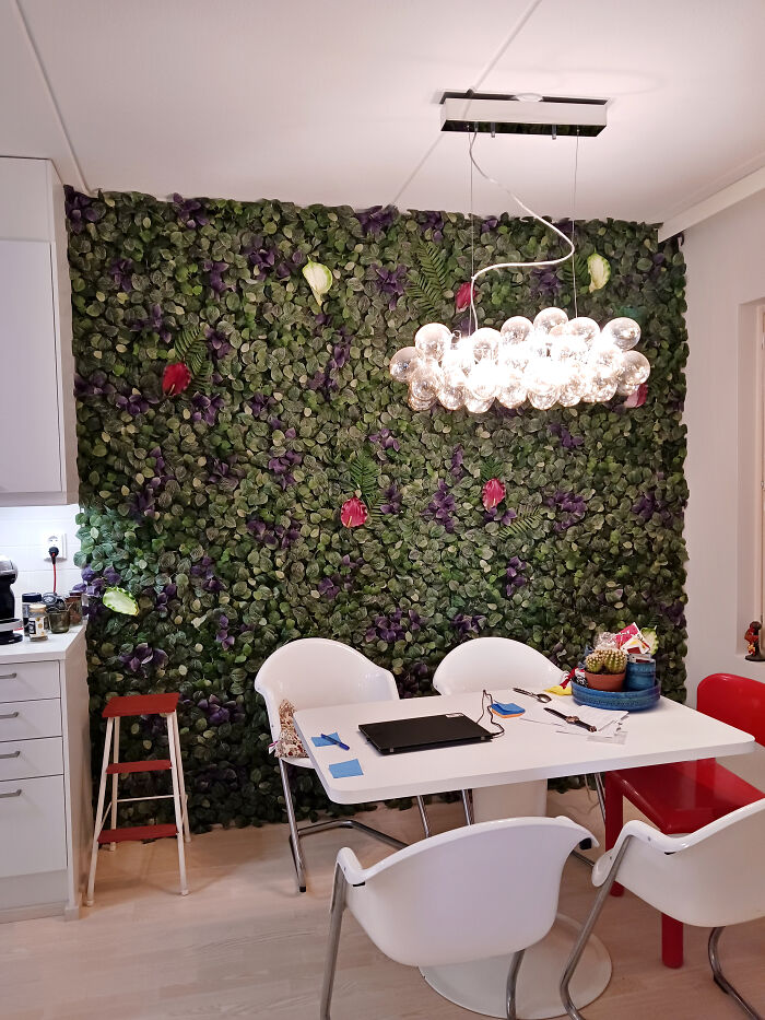 Created A Lush Plant Wall Out Of Fake IKEA Plant Tiles. Completely Removable And I Always Get Compliments In Online Meetings