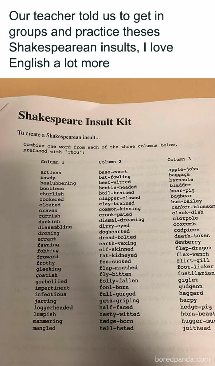 University students using a Shakespeare Insult Kit in class for a creative English exercise.
