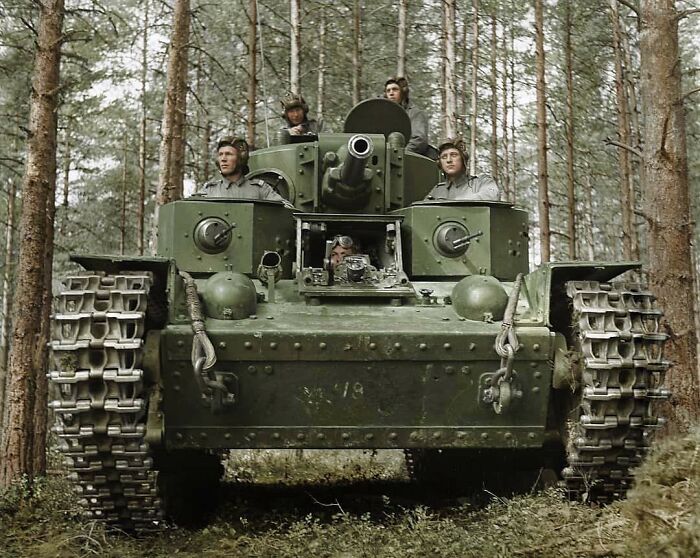 A Captured Russian T-28 Tank With A Finnish Crew Driving Through The Village Of Lappee, Finland On The 8 July 1941