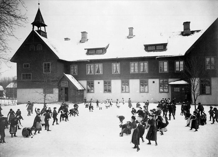 Snowball Fight On The School Yard, Sweden, 1901