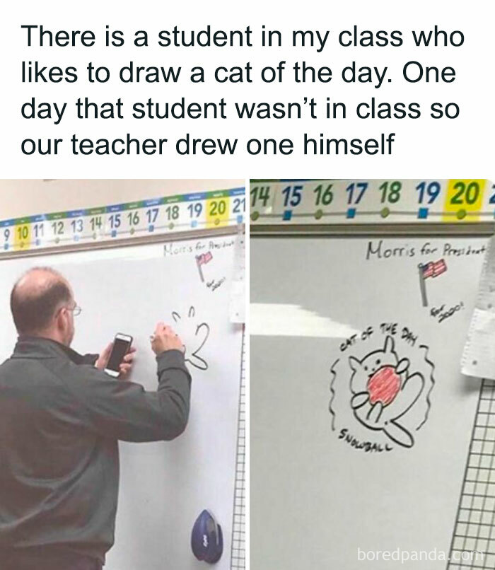 University life meme showing a teacher drawing a cat on a whiteboard in class when a student is absent.