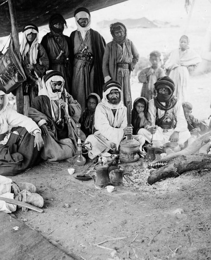 Bedouin Men Smokıng A Nargila (Waterpipe) At Their Desert Camp, Ca. 1900