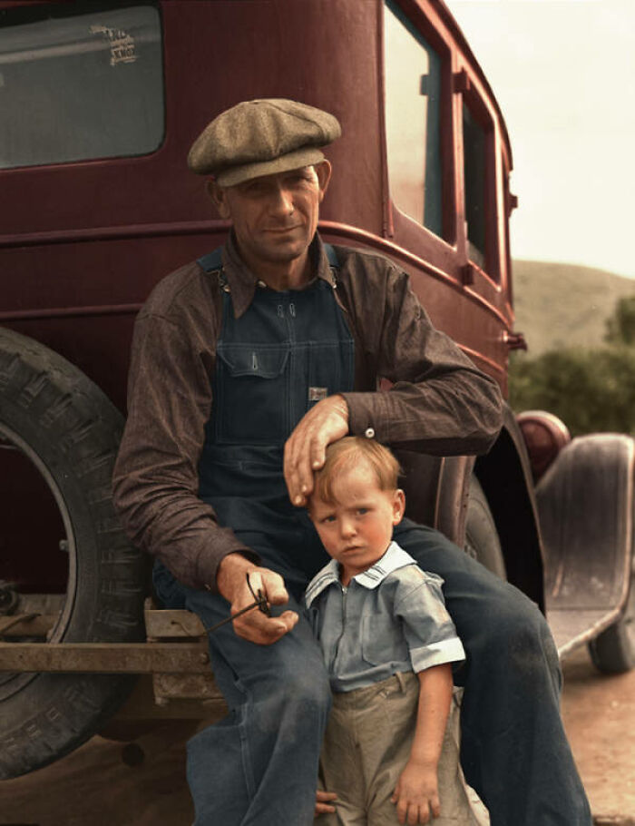 A 1936 Drought Refugee From Polk, Missouri, Awaiting The Opening Of Orange Picking Season In Porterville, California