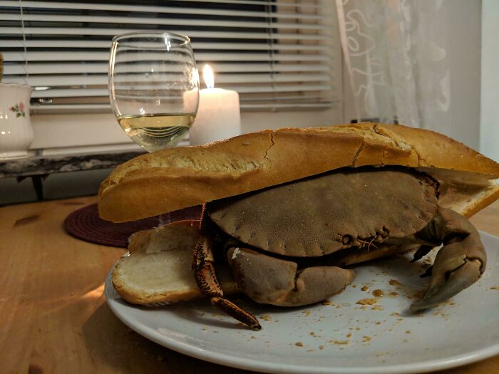 Crab Boiled In Pepsi Max For 2 Hours Served In A Baguette (Sorry For Good Quality)