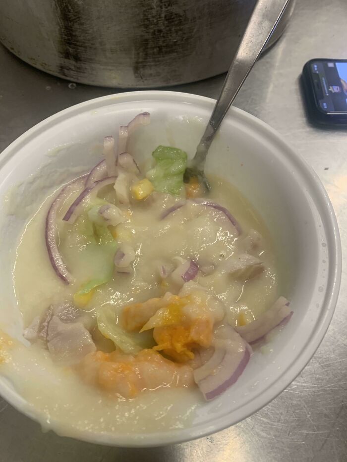 Ceviche? Cold Soupy Mashed Potatoes, Yams, Onions, Lettuce, Raw Fish. Tastes Like Lemon Juice. Paid Money For This