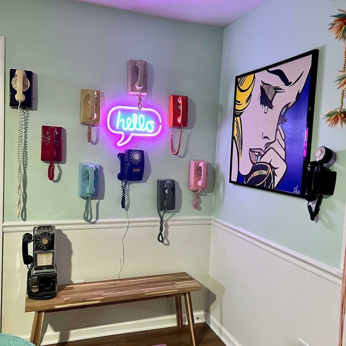 Mounted rotary phones on the wall 